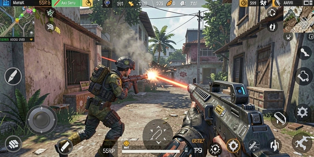 Tangkapan layar gameplay penuh aksi dalam 55RP.