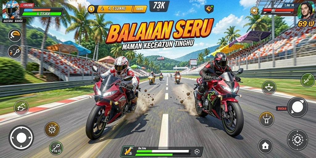 Tampilan utama gameplay 73K dengan aksi balapan yang seru.