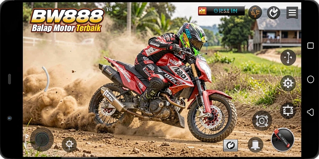 Screenshot gameplay BW888 menampilkan balapan motor yang mendebarkan.