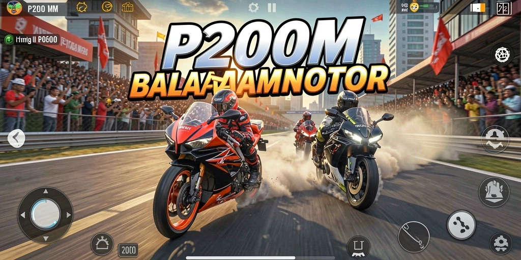 Screenshot P200M menunjukkan balapan motor yang seru dan menantang.