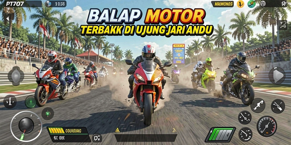Screenshot gameplay PT707 dengan motor balap yang melaju kencang.