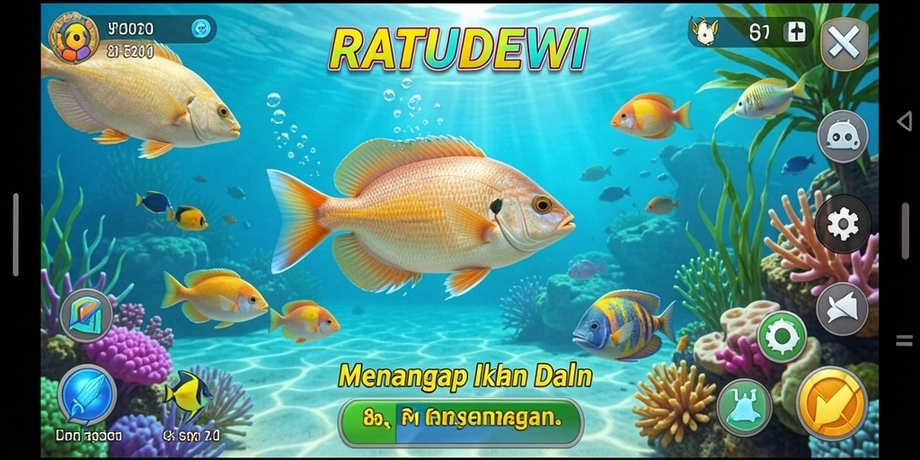 Screenshot gameplay RATUDEWI menunjukkan keseruan memancing ikan.