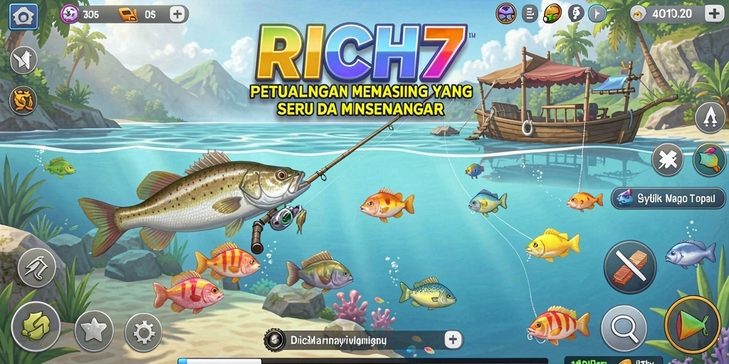 Screenshot RICH7 menunjukkan pemain tengah memancing di danau yang indah.