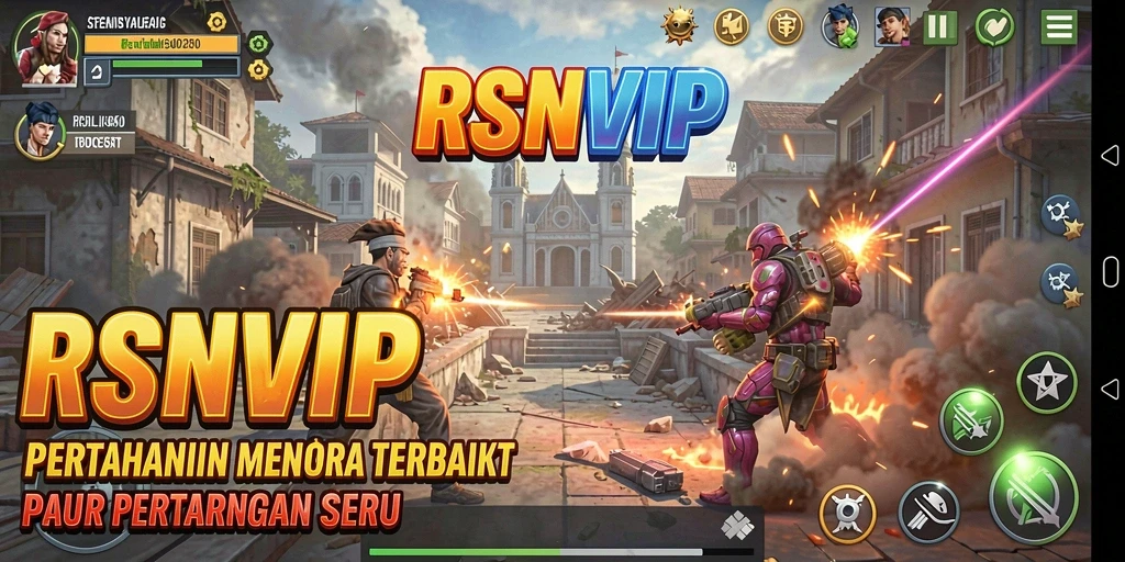 Tampilan gameplay RSNVIP dengan menara pertahanan yang sedang beraksi melawan musuh.