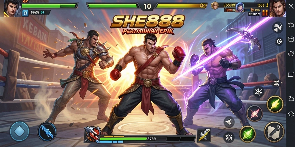 Screenshot utama SHE888 menampilkan pertarungan intens antar karakter.