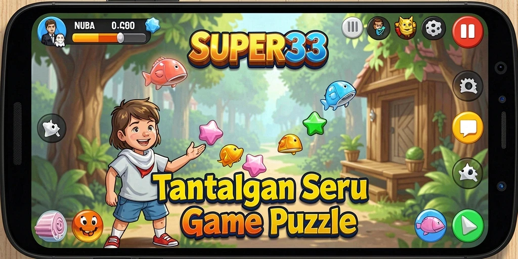 Tampilan gameplay SUPER33 yang menantang dan penuh warna.