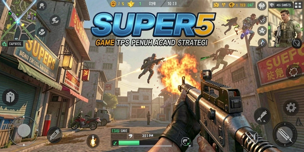 Screenshot utama menunjukkan aksi gameplay seru dalam SUPER5.